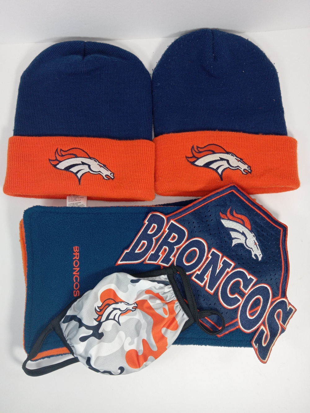 Denver Broncos Lot Of 5 Items Beanies Scarf Mask Patch
